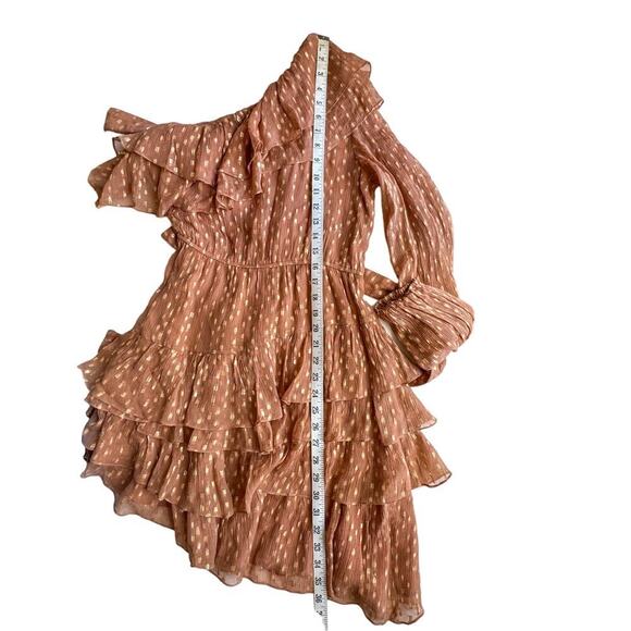 Rococo Sand Aine One Shoulder Mini Chiffon Ruffle Dress Tan Gold Small - Picture 12 of 14